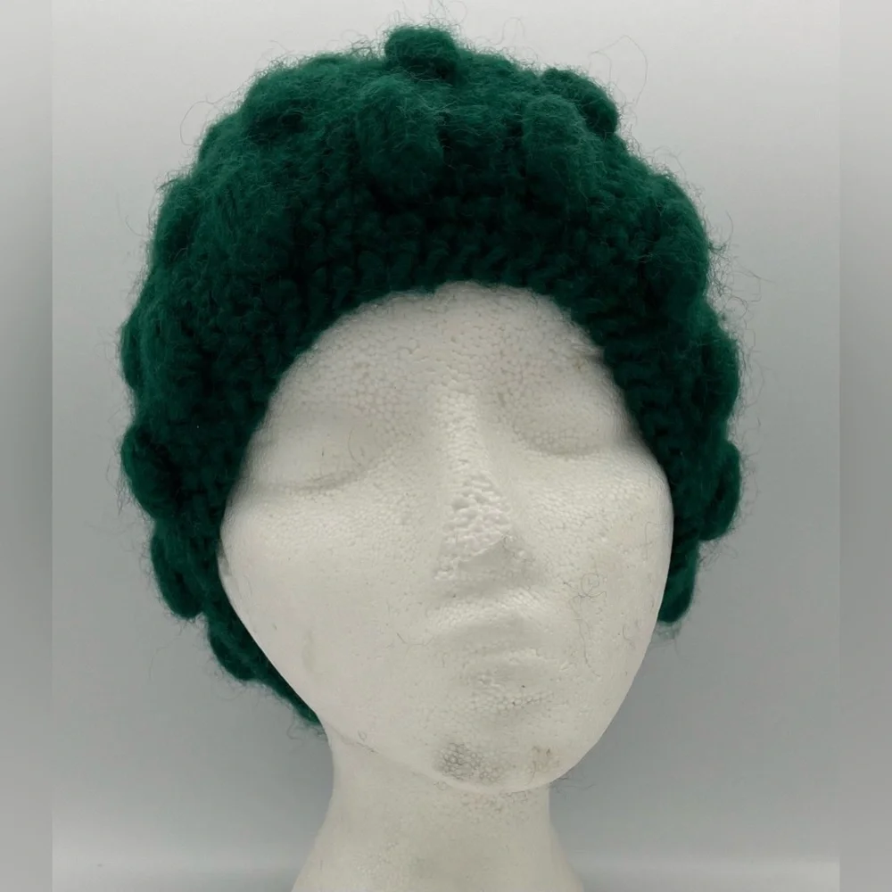 Vintage Italian Wool Green Chunky Knit Winter Fall Beanie Hat Cottagecore Knobby - Picture 3 of 15